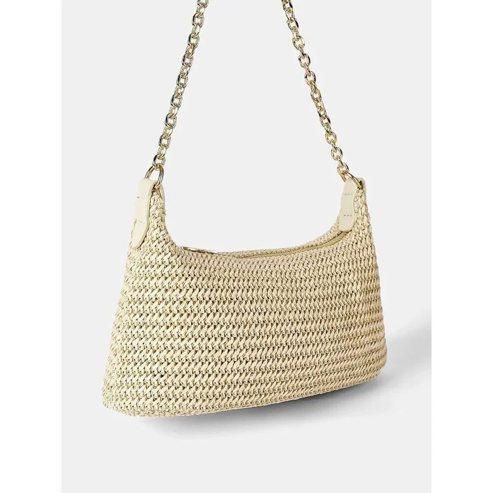 Women's Straw Woven Shoulder Tote Bag Summer Beach Purse Zipper Closure
